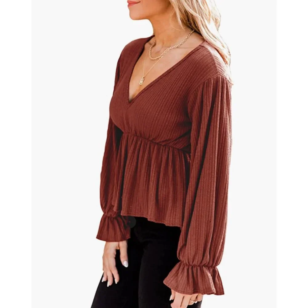 Coffee Ruffle Peplum Puff Sleeve V-Neck Long Lantern Sleeve Babydoll Top Blouse - Picture 5 of 7